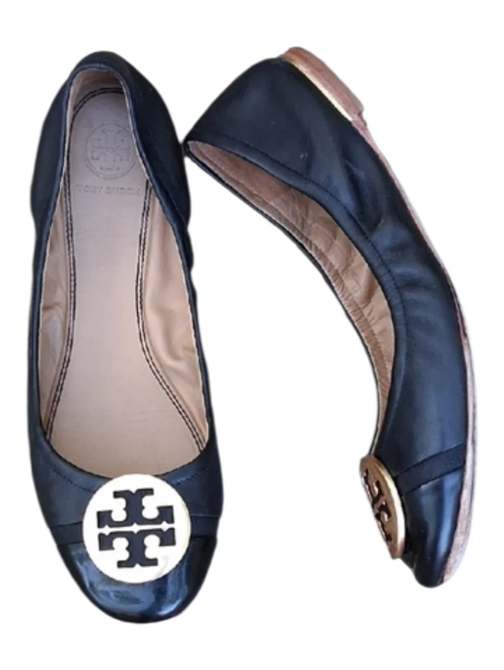 Tory Burch Minnie Travel Ballet Flats Black Leather Patent Cap Toe Size 8